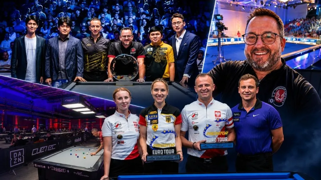 Bildcollage der European-Open. Zu sehen ist das Bild mit dem Sieger und dem 2. Platzierten, die Sponsoren, sowie dem Abteilungsleiter der SG Johannesberg